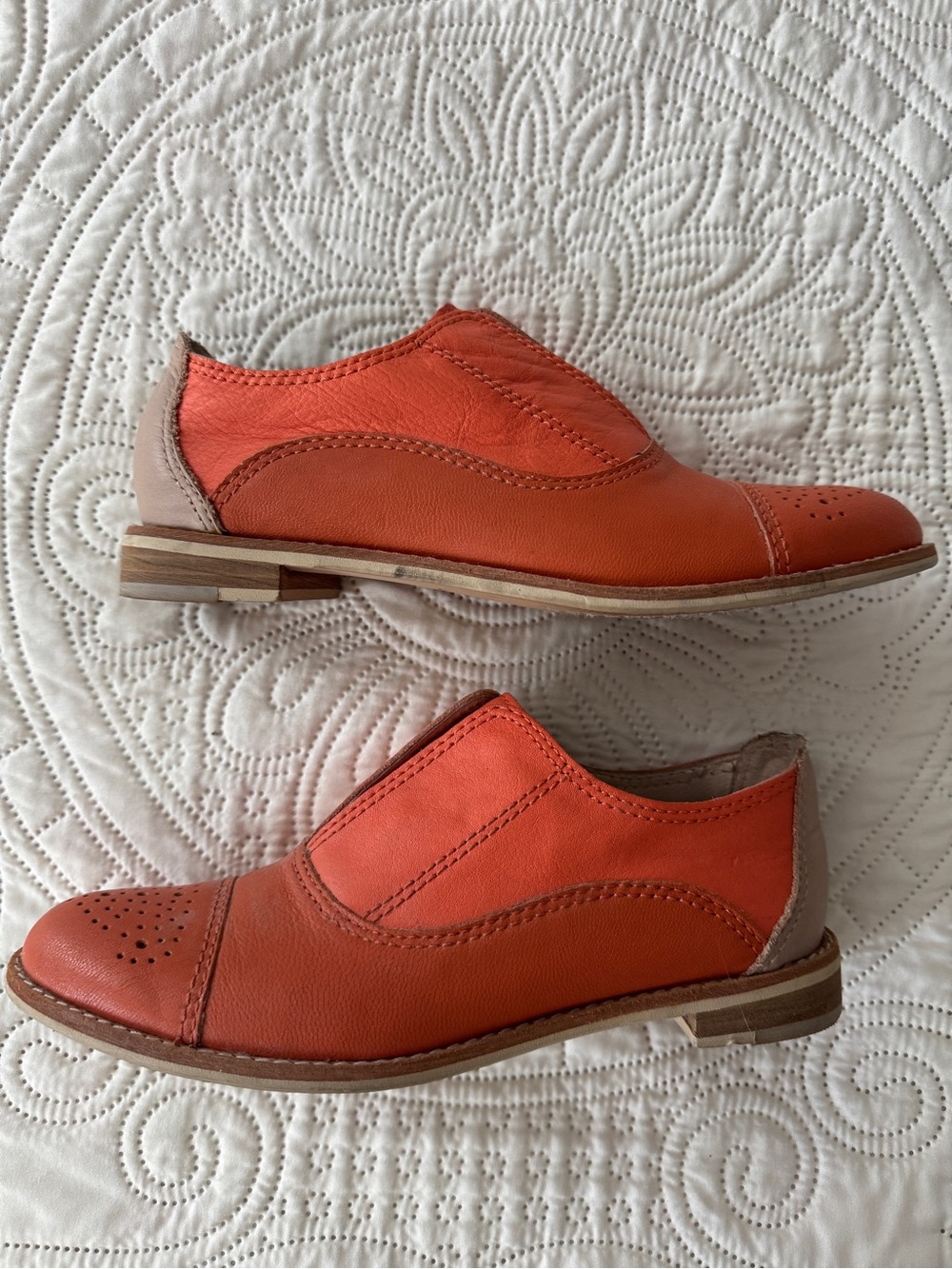 Women’s Orange Leather Slip-On Brogue Shoes - Picture 3 of 4